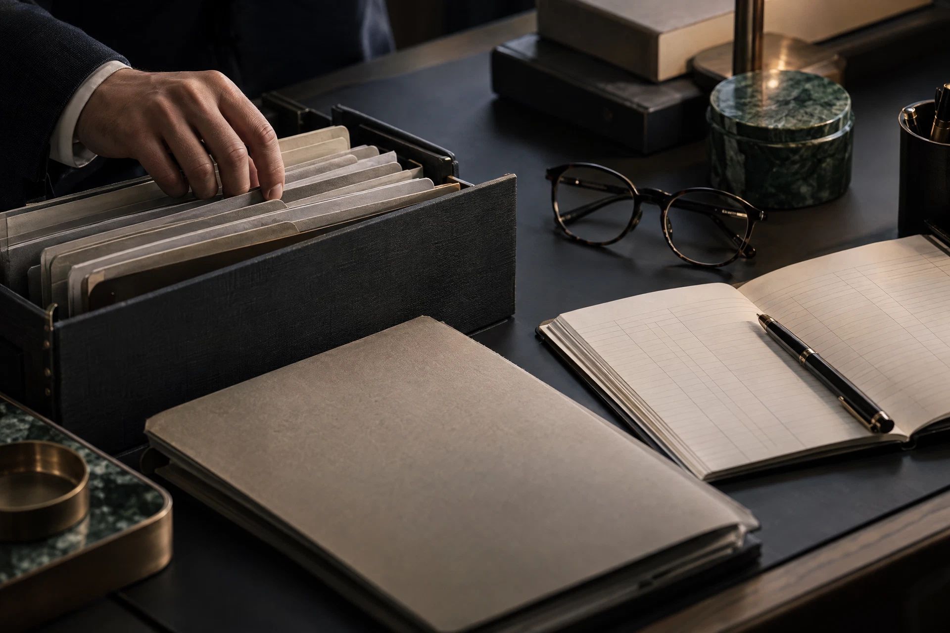 Orderly generic archival folders and an unreadable ledger on a dark desk